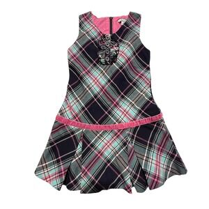 Hartstrings‎ Girls 4T Plaid Dress Navy Pink Teal Velvet Trim Pleated Sleeveless